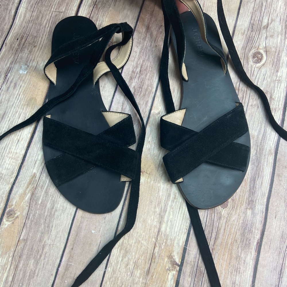 J. Crew Black Suede  Ankle Strap Flats Sandals EUC